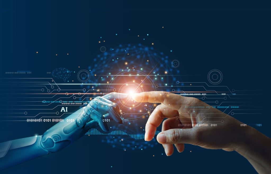 Hands of robot and human touching on big data network connection background.