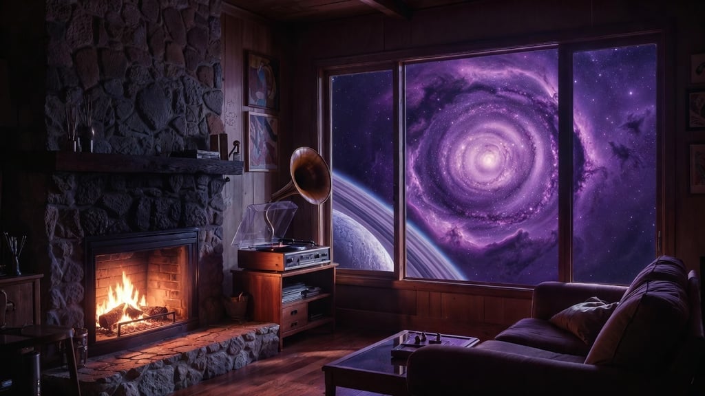 A photorealistic interior shot of a cozy, mid-century modern living room with a fireplace and a record player. However, the large floor-to-ceiling windows look out onto a swirling, violet-colored nebula and a ringed planet instead of a street.
