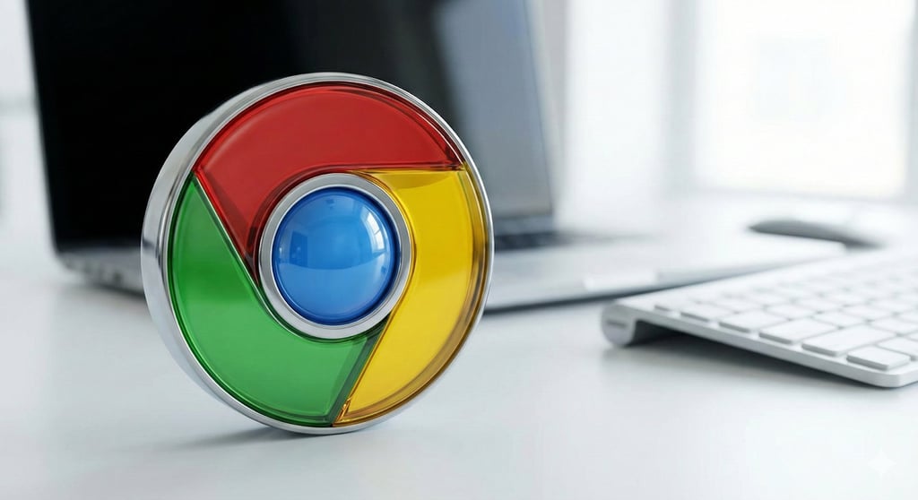 Chrome logo placed beside laptop and keyboard.