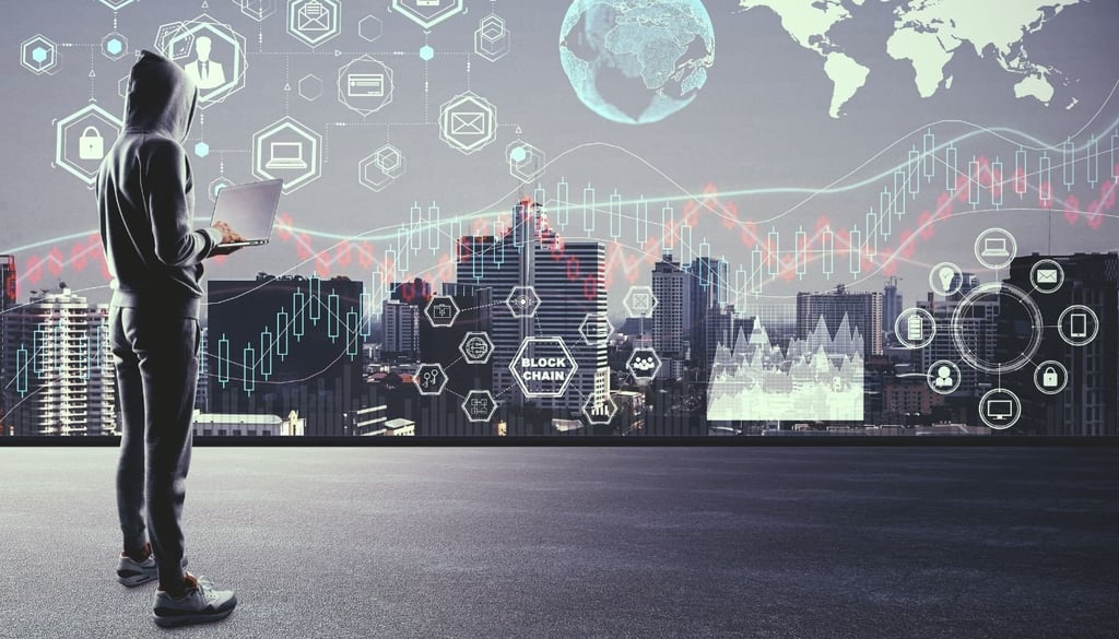 a person standing on a rooftop with digital economy icons floating