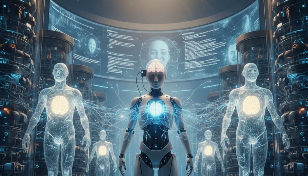 Human consciousness being transferred to a robot illustration