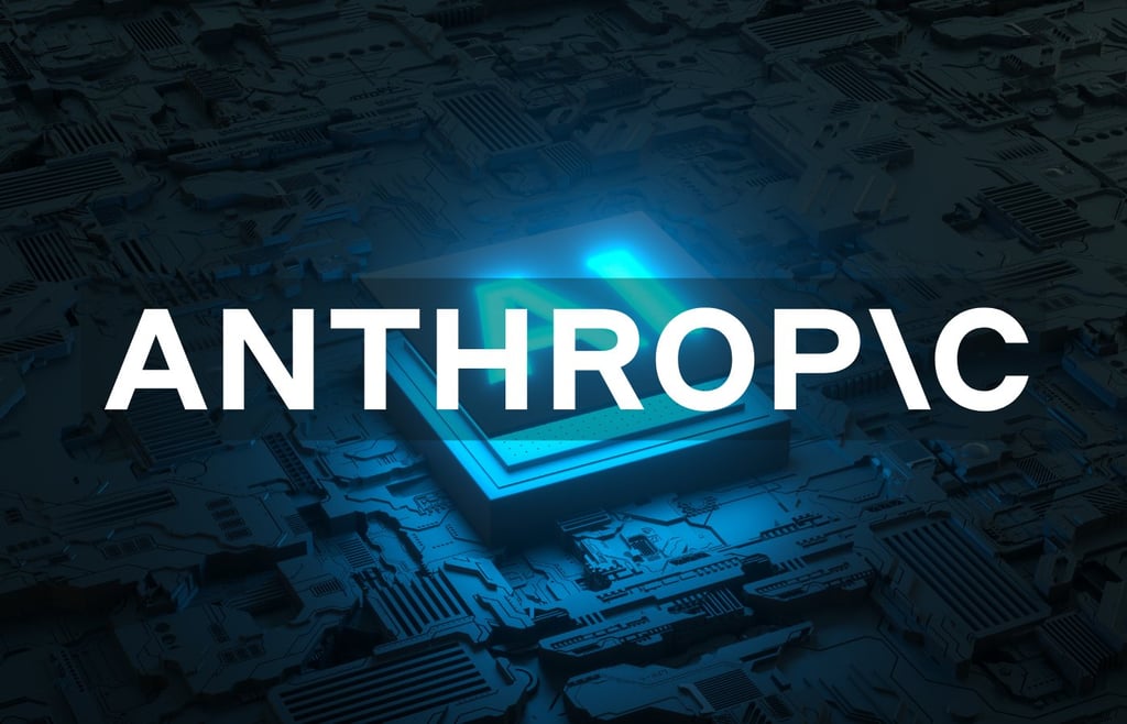 Anthropic logo and Glowing blue AI processor chip on a dark futuristic circuit board, representing artificial intelligence hardware