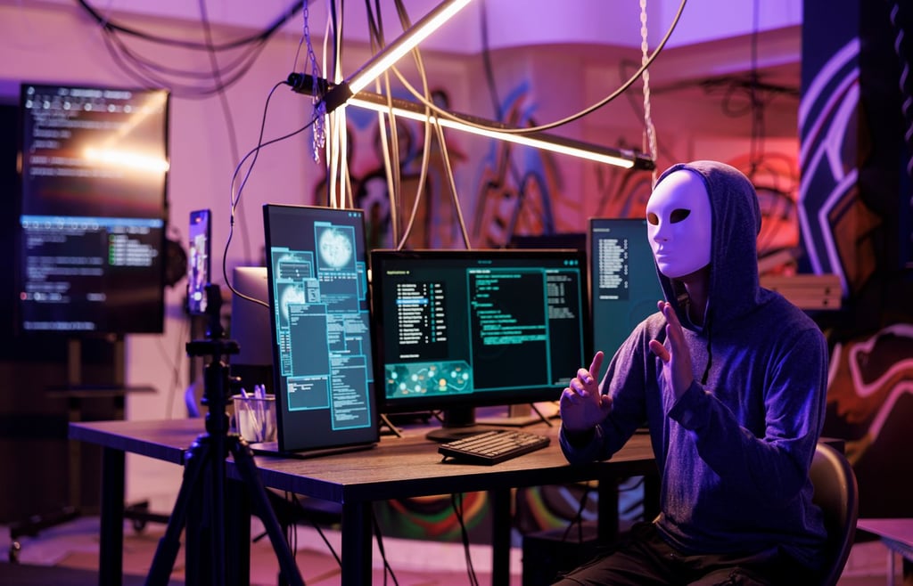 Hacker in anonymous mask recording video.