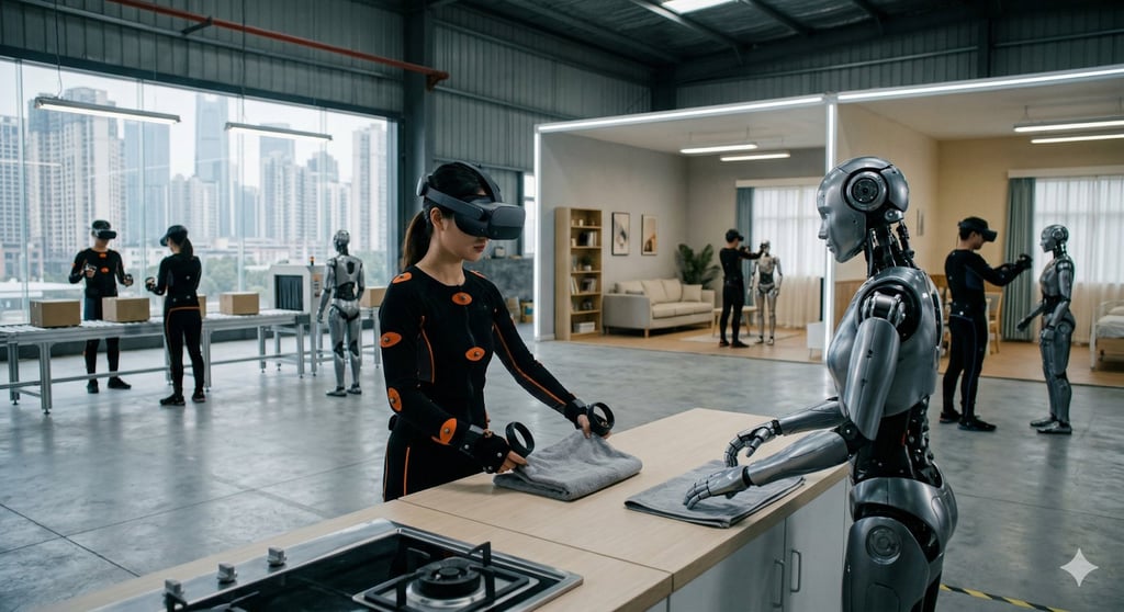 A person wearing a VR headset and motion capture suit training a humanoid robot to fold laundry in a warehouse setting.