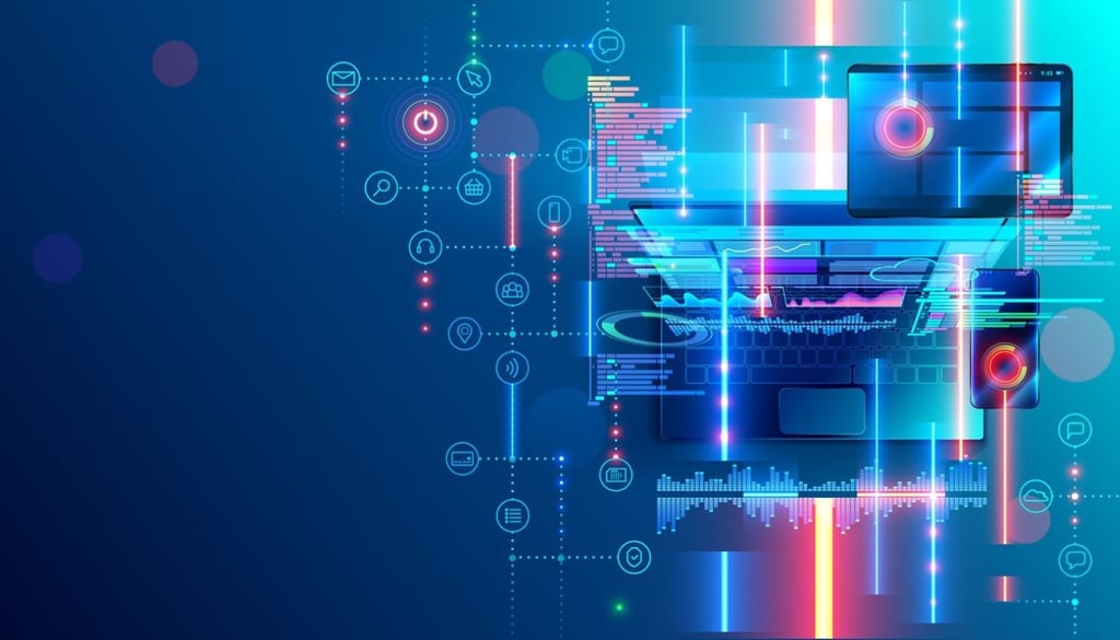 gadgets with technology icons on a blue background