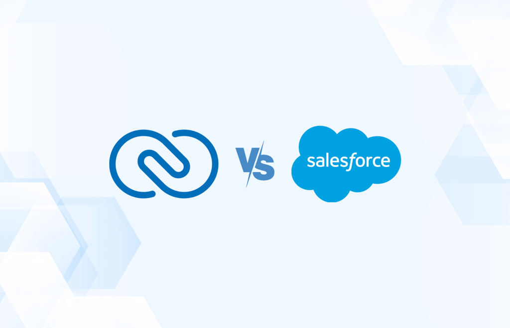 Versus graphic featuring the logos of Zoho CRM and Salesforce.