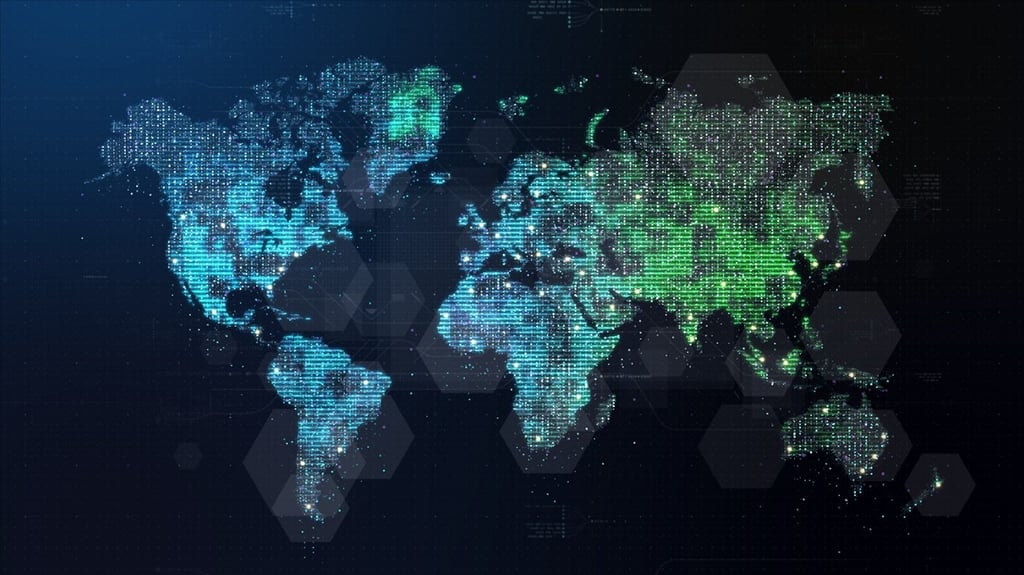Digital world map illustrating global network connections and data transfer