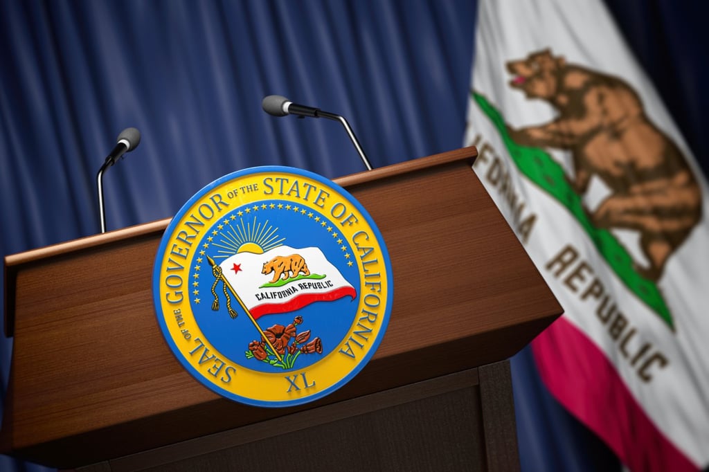 A podium with the seal of the Governor of the state of California with the matching flag in the background.
