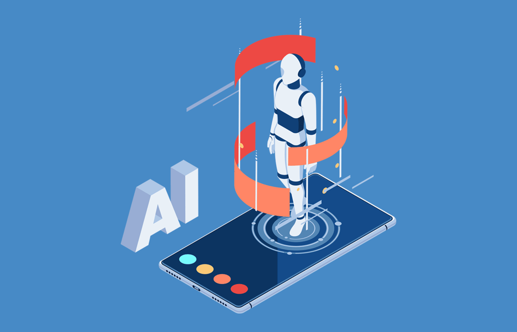 Flat vector illustration of a smartphone with a bot standing on the screen.