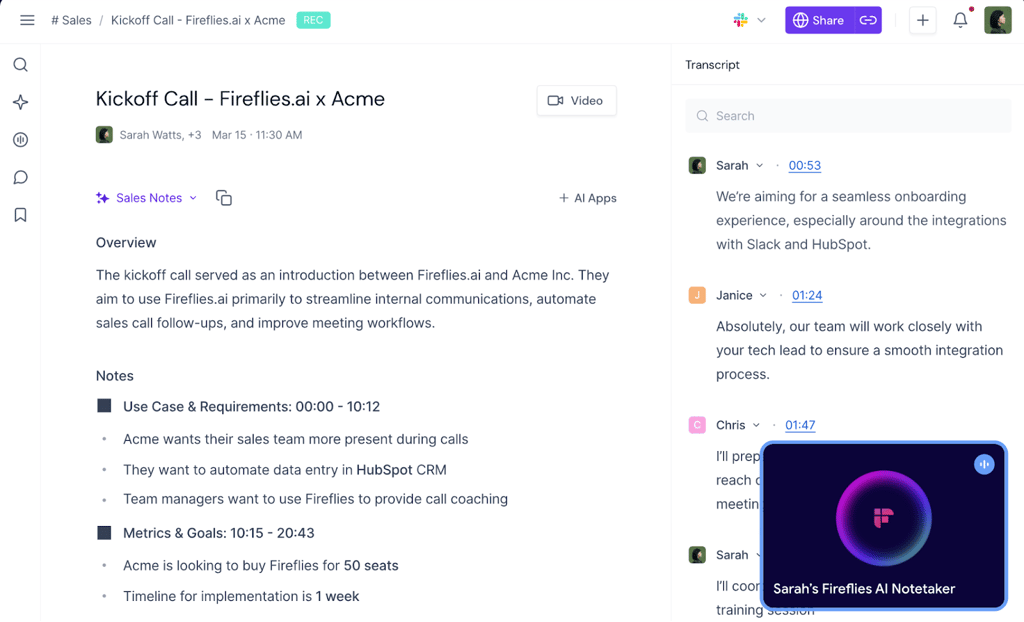 Fireflies.ai automatically records and transcribes sales calls, integrating with other apps to streamline follow-ups and provide call coaching insights.