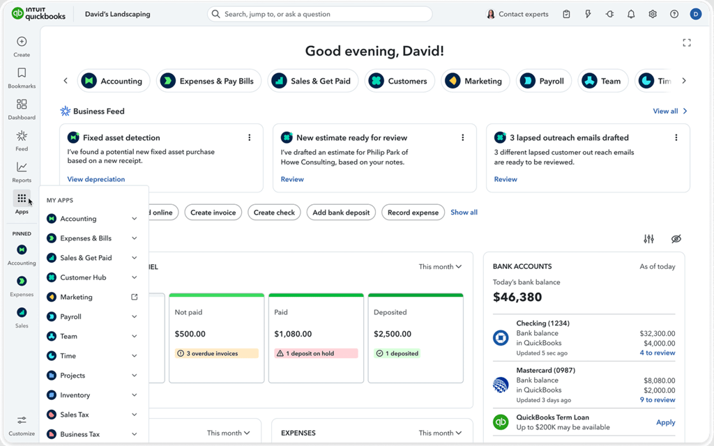 QuickBooks Online dashboard.