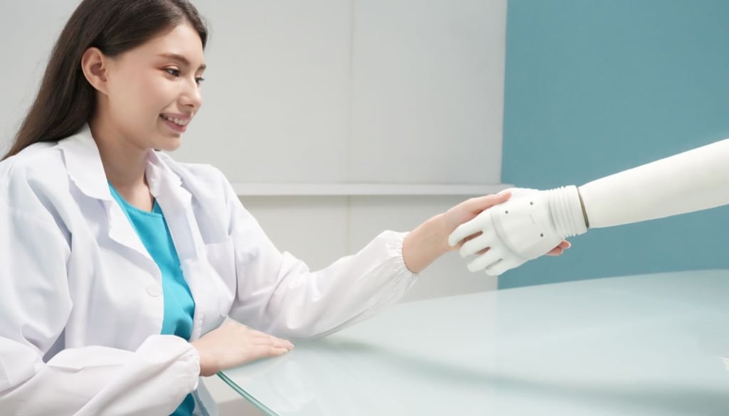 Caregiver shaking hands with a robot arm
