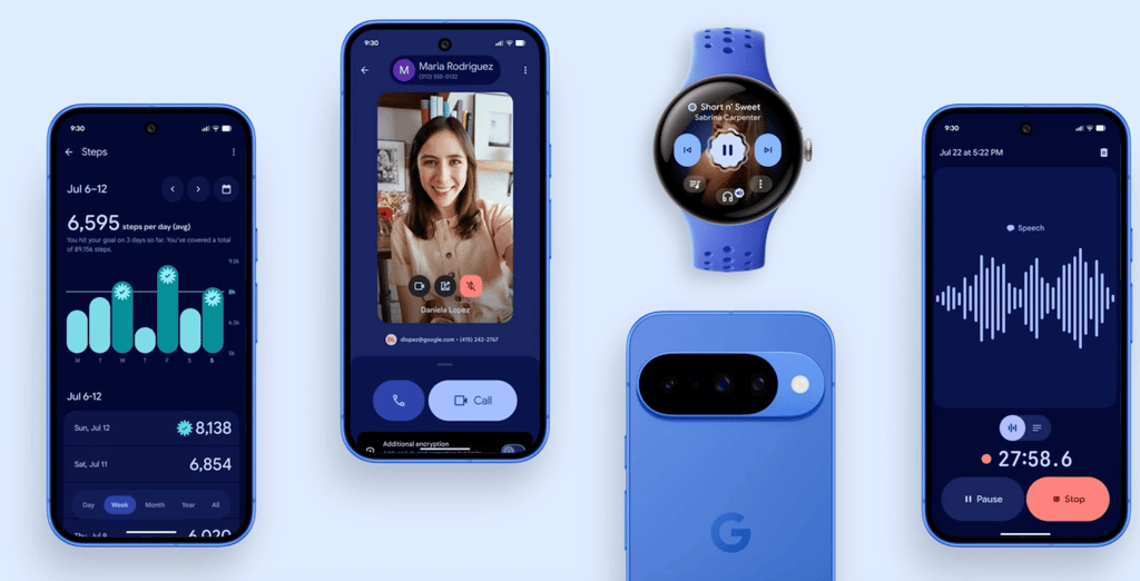 A sleek lineup of Google devices, including Pixel Buds, a Pixel smartphone, and a Pixel Watch.
