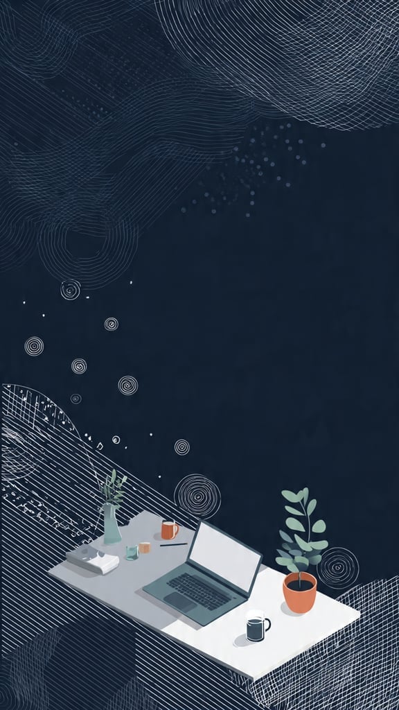 A wide-format illustrated banner with a dark navy background. Abstract geometric shapes — thin gold line art, partial circles, and floating dots — form a subtle repeating pattern across the surface.