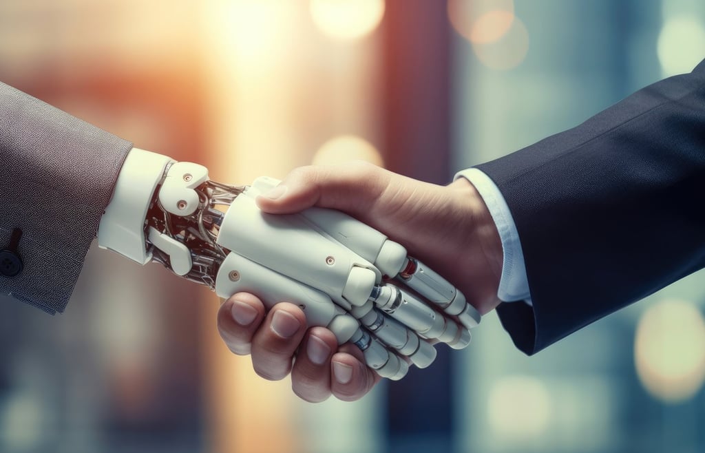Robot and executive shaking hands.