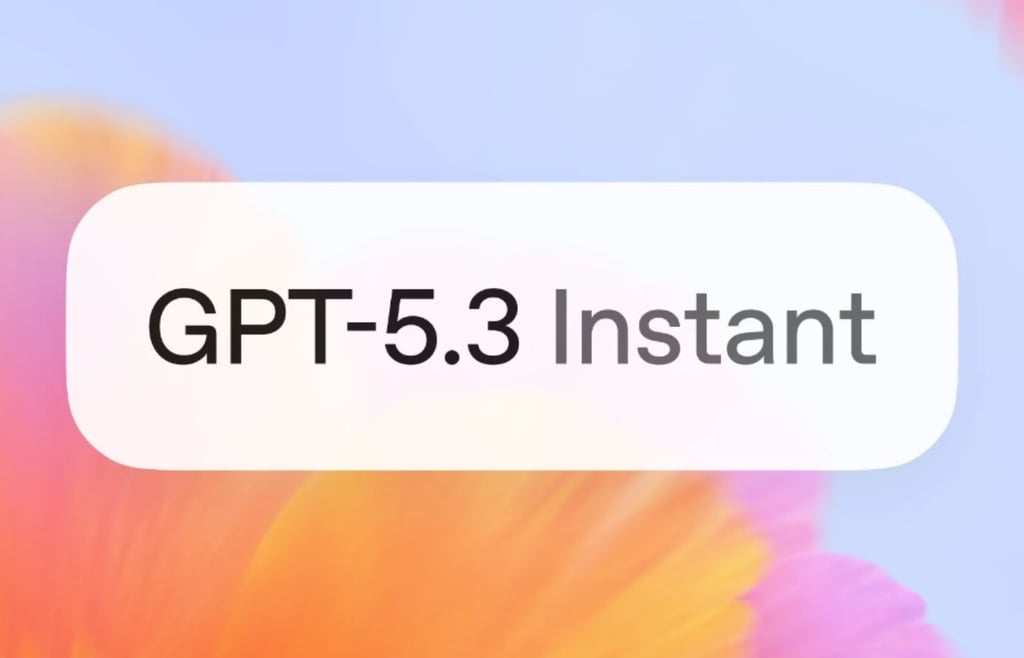 GPT-5.3 Instant branding text in a white pill-shaped box over a soft-focus floral background of orange and pink petals.