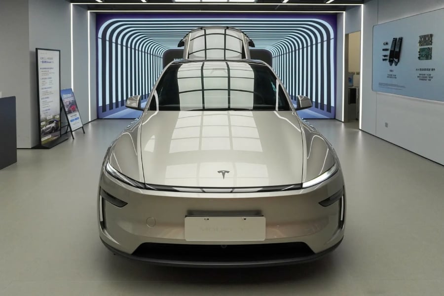 Tesla car inside a garage.