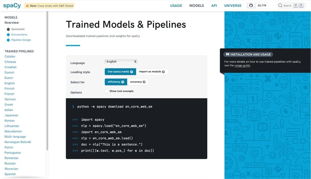 spaCy dashboard.