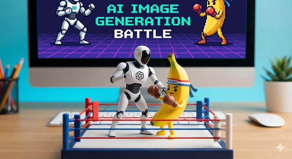 AI image generation battle between a robot and a banana.