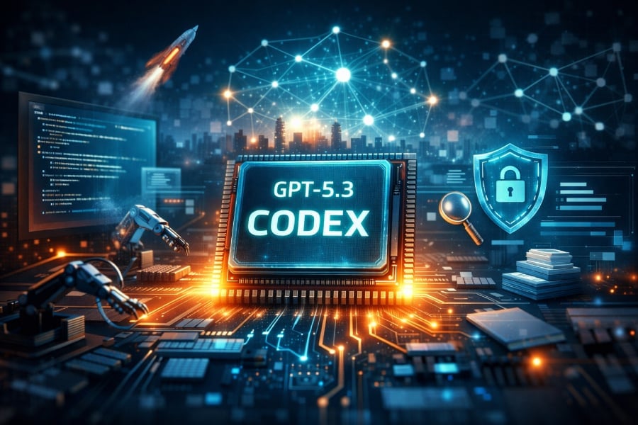 The new GPT 5.3 "CODEX" printed on a microchip used for AI technology.