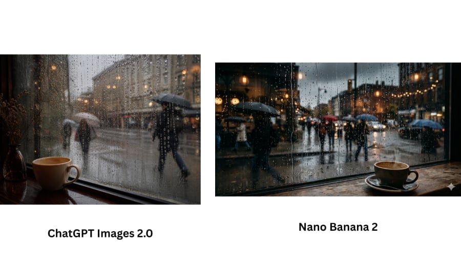 Rainy café window scene comparison.