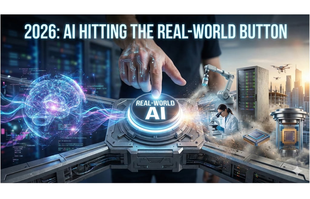 Graphic representing AI technology transitioning from concept to real-world integration in fields like medicine and manufacturing.
