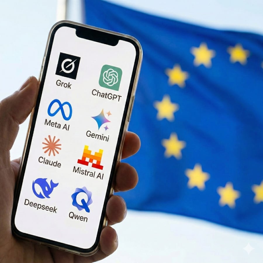 A human hand holding a smartphone with multiple AI apps installed and the flag of EU in the background.