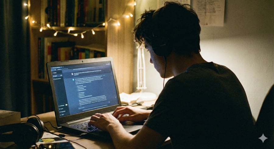 A male teen using chatgpt in his room at night.