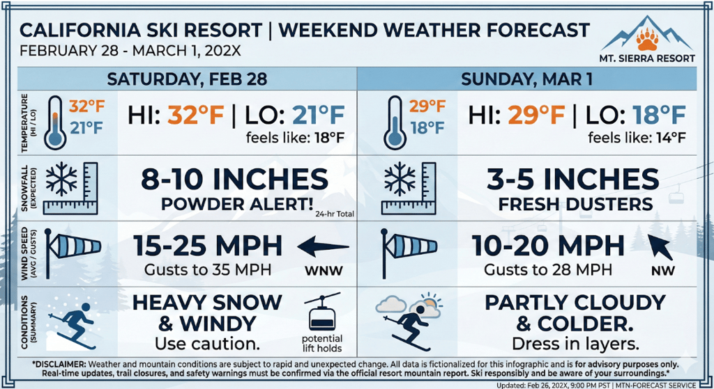 weekend weather infographic for a ski resort in California