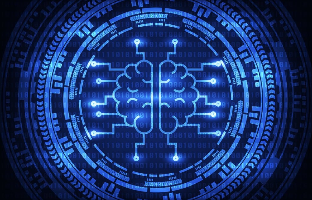 Artificial intelligence brain with ring gears on binary code background.