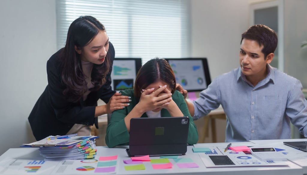 business team comforting stressed colleague in office meeting
