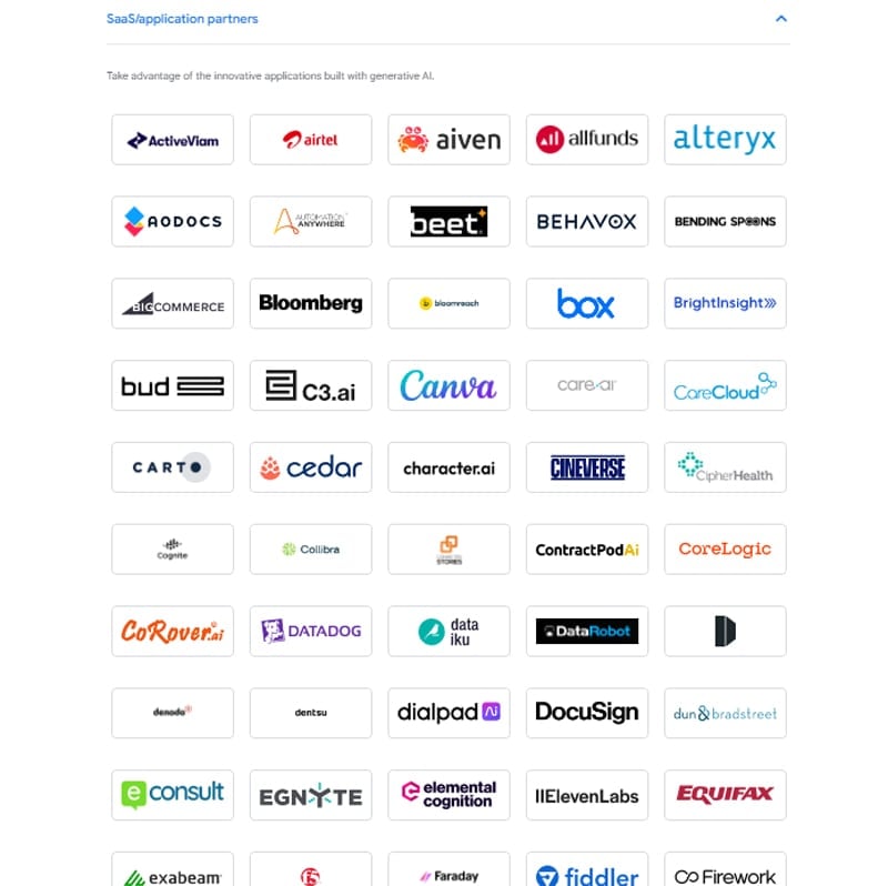 Screenshot of Google's SaaS/application partners.