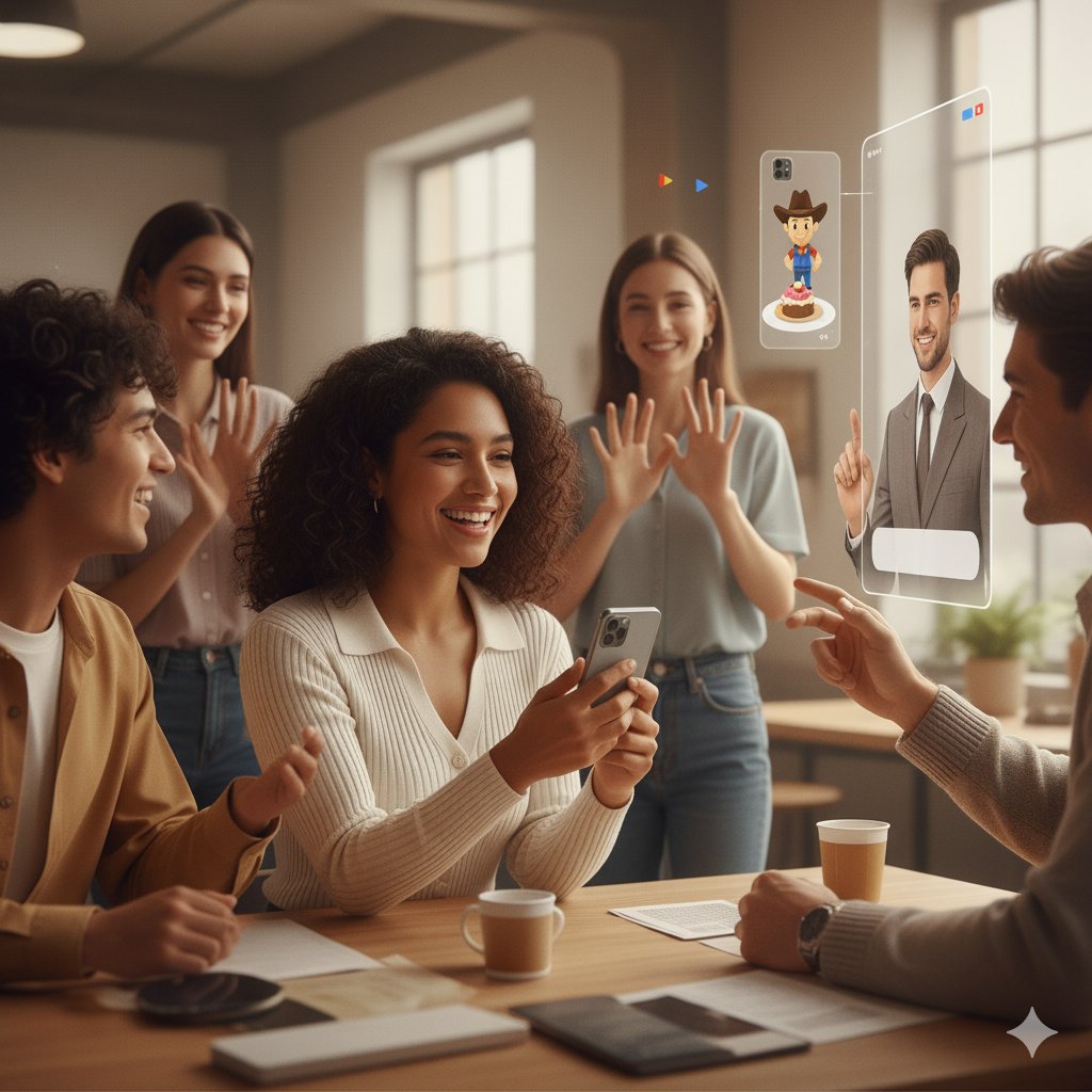 A group of friends laughing while using AI on smartphone.
