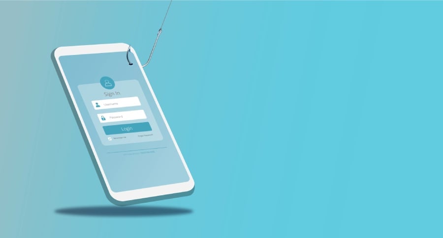 Smartphone with a login page and fishing hook.