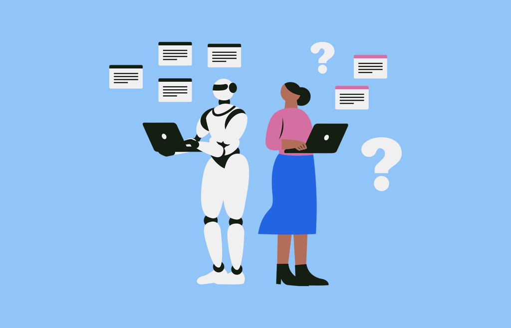 Flat vector illustration of a robot working better than a human.