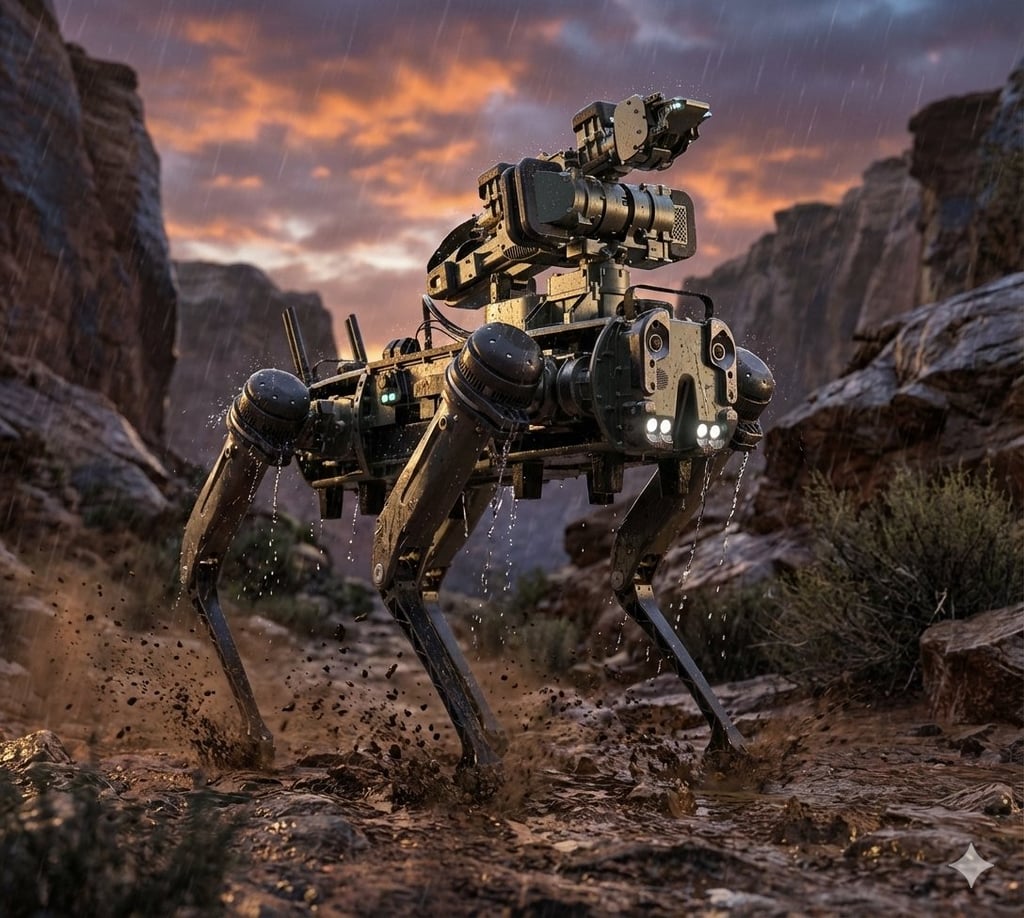 Military quadruped robot with mounted equipment walking through a rocky canyon at dusk in rainy conditions.