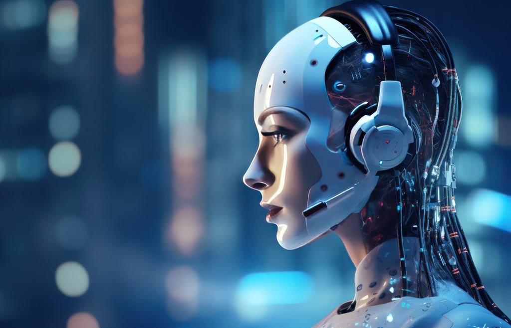 Artificial intelligence robot working at computer in office.