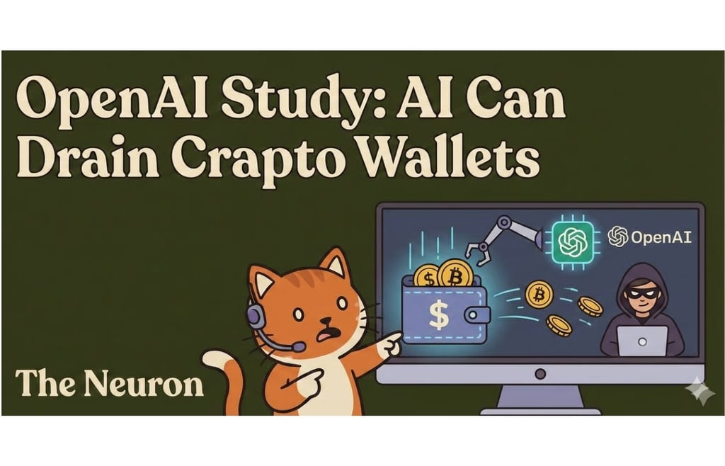 Illustration from The Neuron titled 'OpenAI Study: AI Can Drain Crypto Wallets,' featuring an orange cat wearing a headset looking at a computer screen showing a hacker and a robotic arm draining a cryptocurrency wallet.
