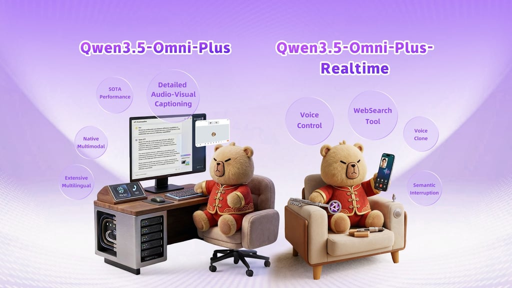 Infographic for Qwen3.5-Omni-Plus and Realtime AI models featuring two teddy bear mascots illustrating features like Native Multimodal, Voice Control, and WebSearch Tool.