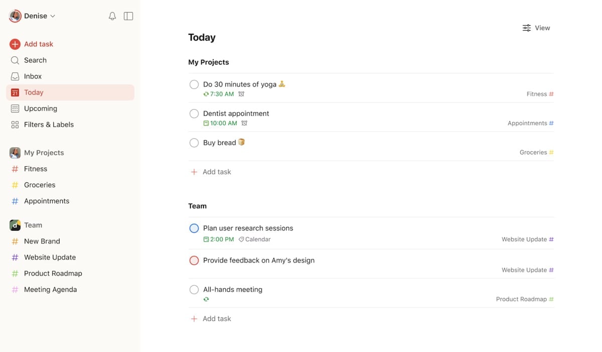 Todoist desktop view.
