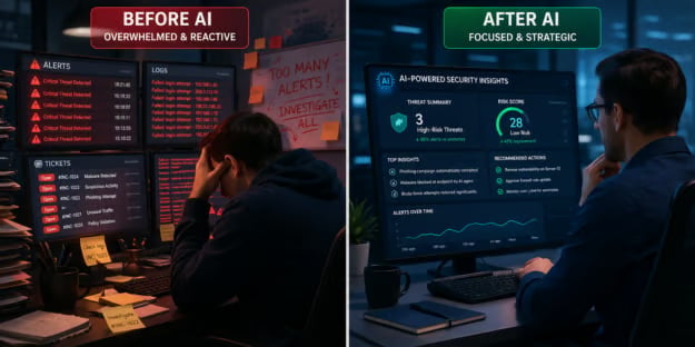 Side by side images of a man before and after effects of utilizing AI for daily work.