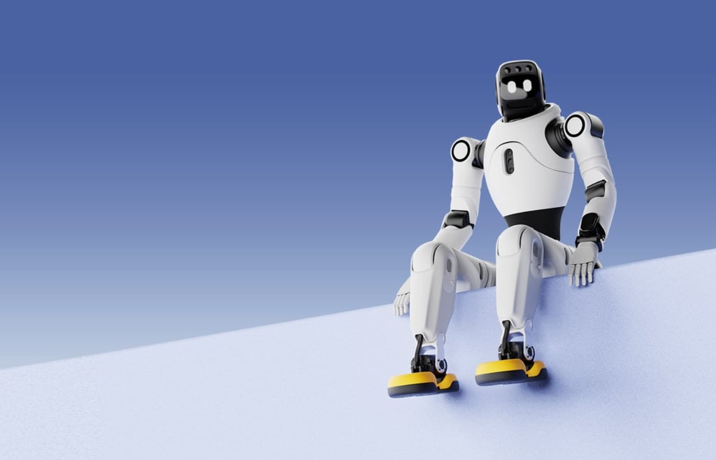 Agibot X2 humanoid robot sitting on a white ledge against a blue background, showcasing its sleek bipedal design and yellow feet accents.