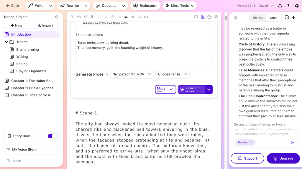 Sudowrite keeps all your lore, character profiles, and plot threads organized in one place, ensuring consistency throughout your manuscript.