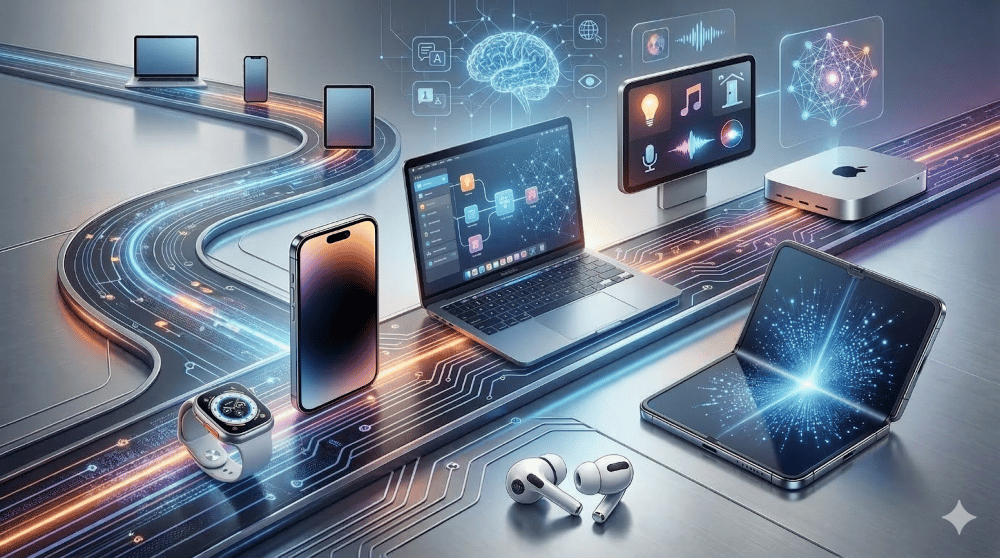 An image created by Google's Nano Banana showing apple products on a virtual roadmap.