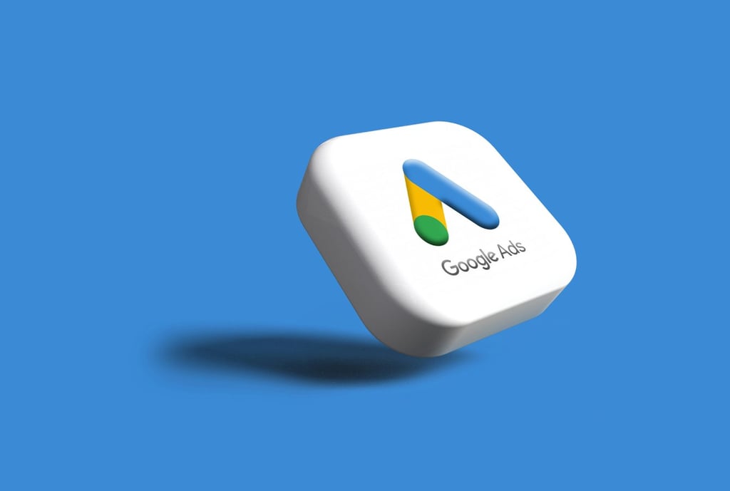 Google Ads logo on blue background.