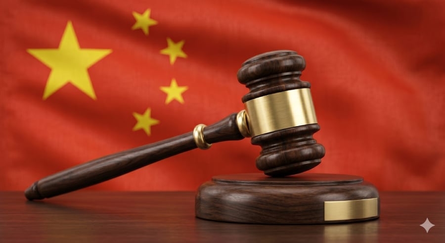 Flag of China with a judge's gavel.