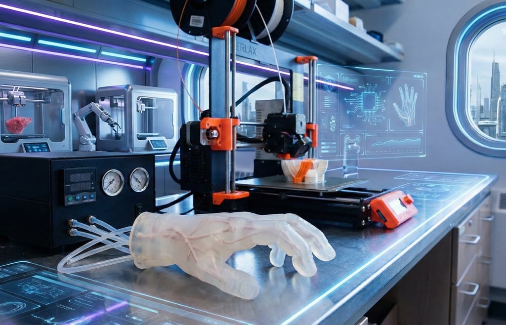 A futuristic laboratory featuring 3D printers creating a bionic hand and organic tissue, with a city skyline visible through a window.