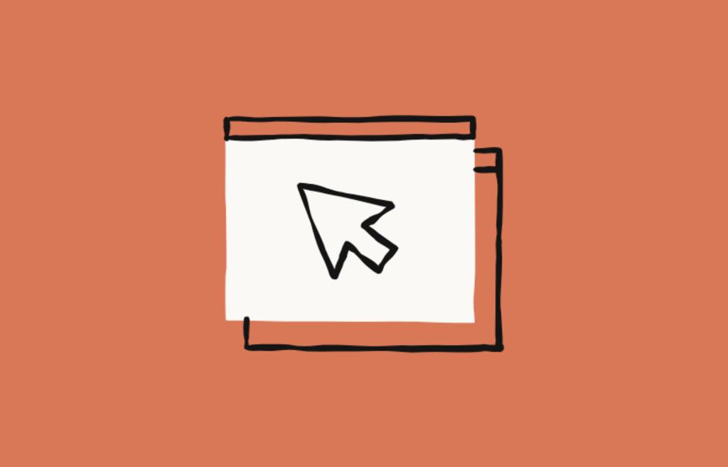 A hand-drawn illustration depicting a mouse cursor pointing at a browser window, with a second browser window partially visible behind it.