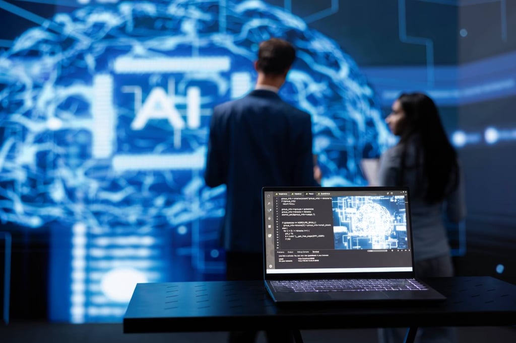 Focus on laptop running AI cognitive computing tech used by IT staff members.