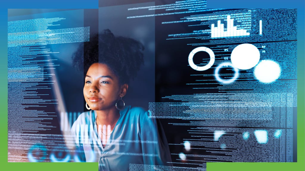 Software developer reviewing programming code and analytics dashboards with a futuristic digital interface overlay.